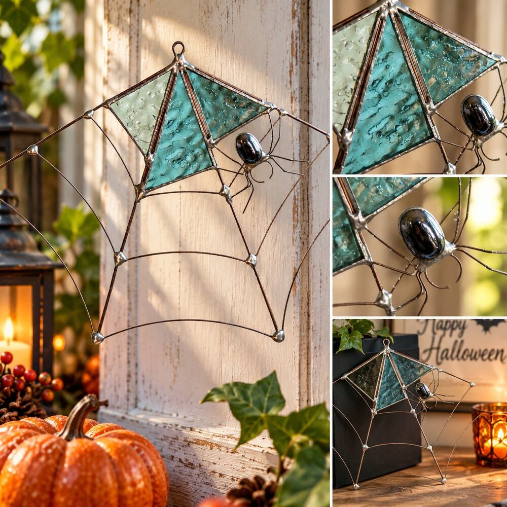 Stained Glass Spider Web with Spider, Metal & Blue Glass, Halloween Decor, Handm